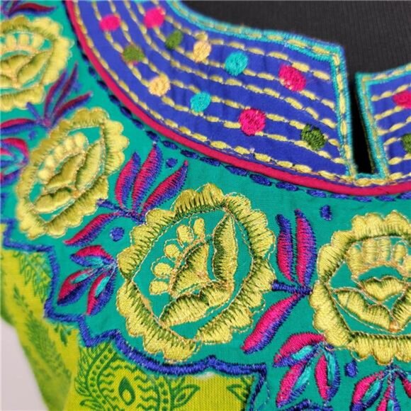 Green Boho Embroidered Tunic Dress Women XL Short Sleeve Split Neck - Picture 2 of 8